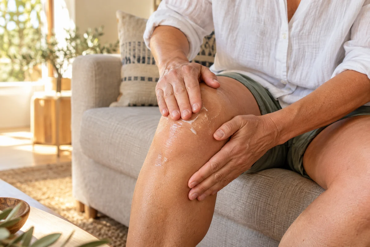 Masaje suave del gel sobre la rodilla