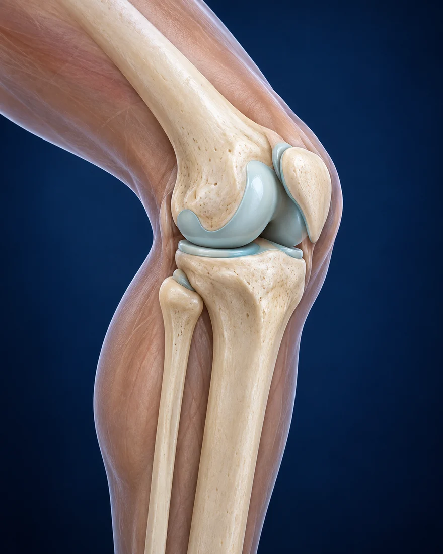Ilustración anatómica de la rodilla: cartílago, meniscos y rótula